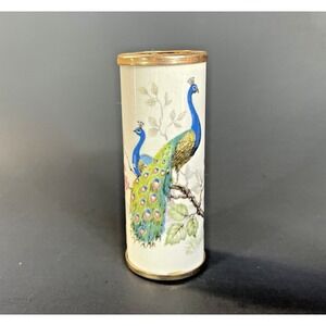Vtg Round Lipstick Tube Holder Porcelain White With Indian Blue Peacocks Fowl